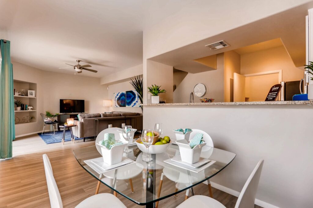 Dining area with view of living room at Verano townhomes for rent in Phoenix