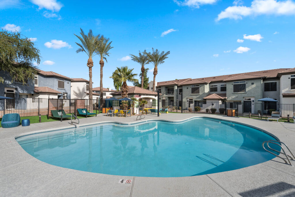 Pool with deck seating and large palm trees