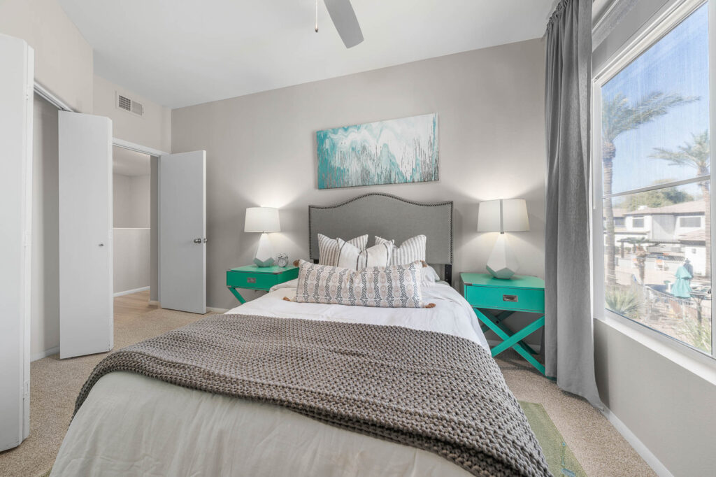 Bedroom with private bathroom at Verano Townhomes for rent in Phoenix, AZ.